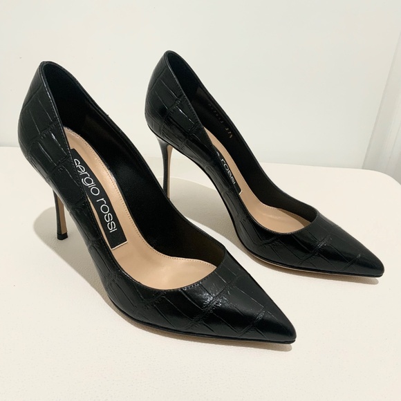 Sergio Rossi Black Croc Embossed Leather Pointed Toe Pumps Stiletto heel Shoes - Picture 7 of 16